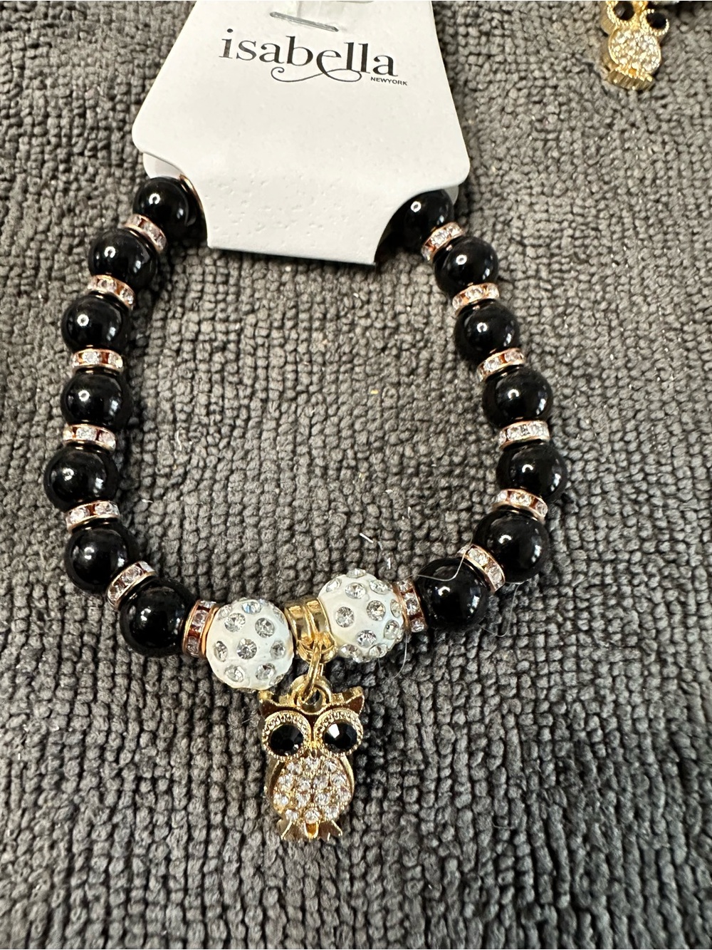 Abella Black Beaded Bracelet with Gold Owl and White Crystal Accents